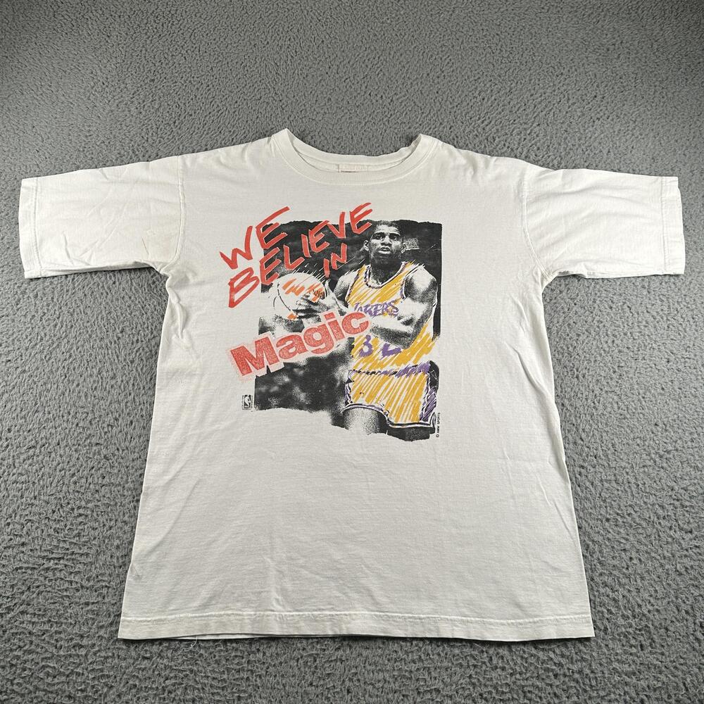 Vintage AMV Sports Magic Johnson Shirt Mens L White Lakers NBA Graphic 90s Tee